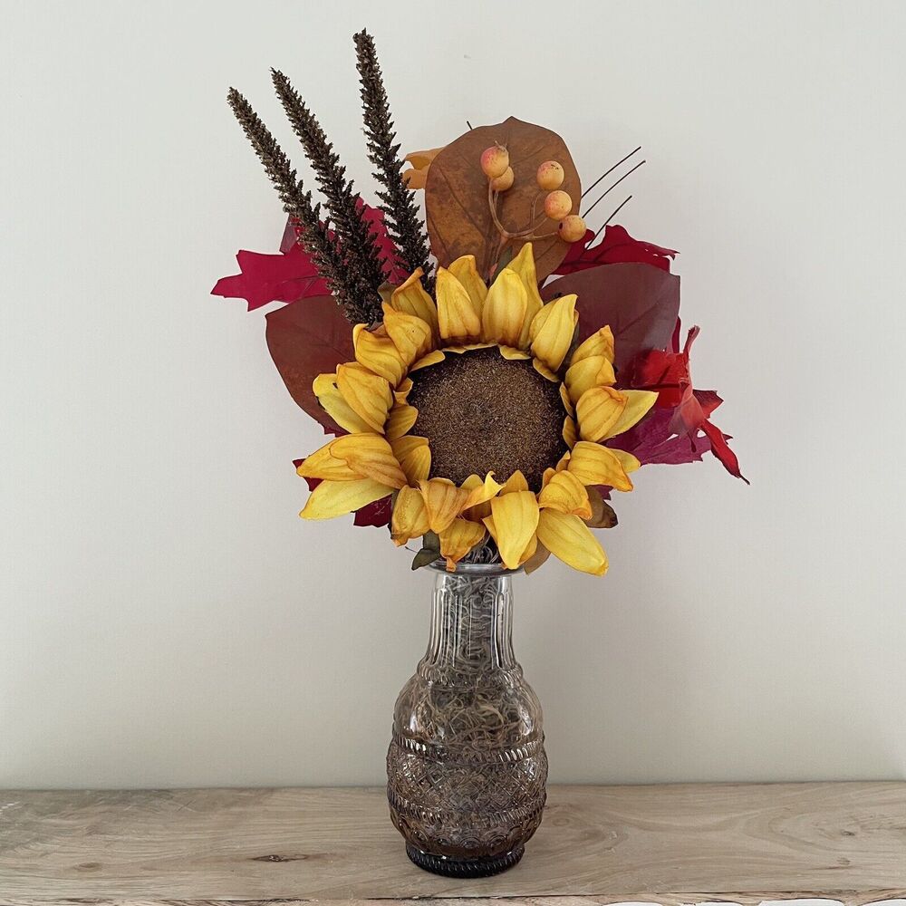 Handmade Artificial Sunflower & Fall Leaves Arrangement in Amber Glass Vase